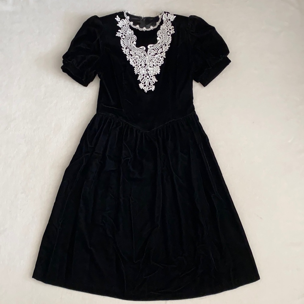 {VTG} Gunne Sax by Jessica McClintock | Velvet Lace Bib Collar Midi Dress (14) - Picture 1 of 16